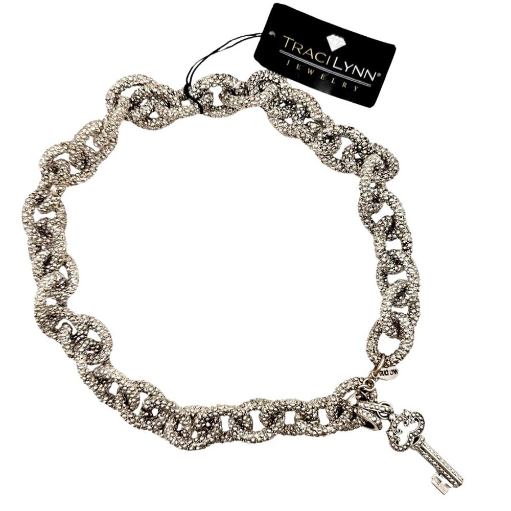 Traci Lynn Chunky Pave Bold Heavy Cable Chain Necklace Key Toggle Silver Tone